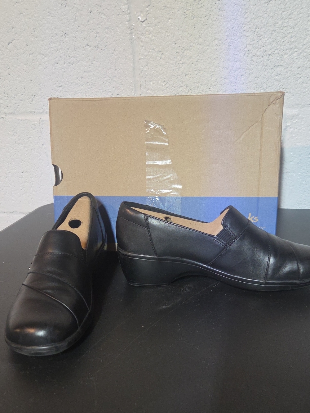 Clarks May Black Slip-On Womens Comfort Loafers